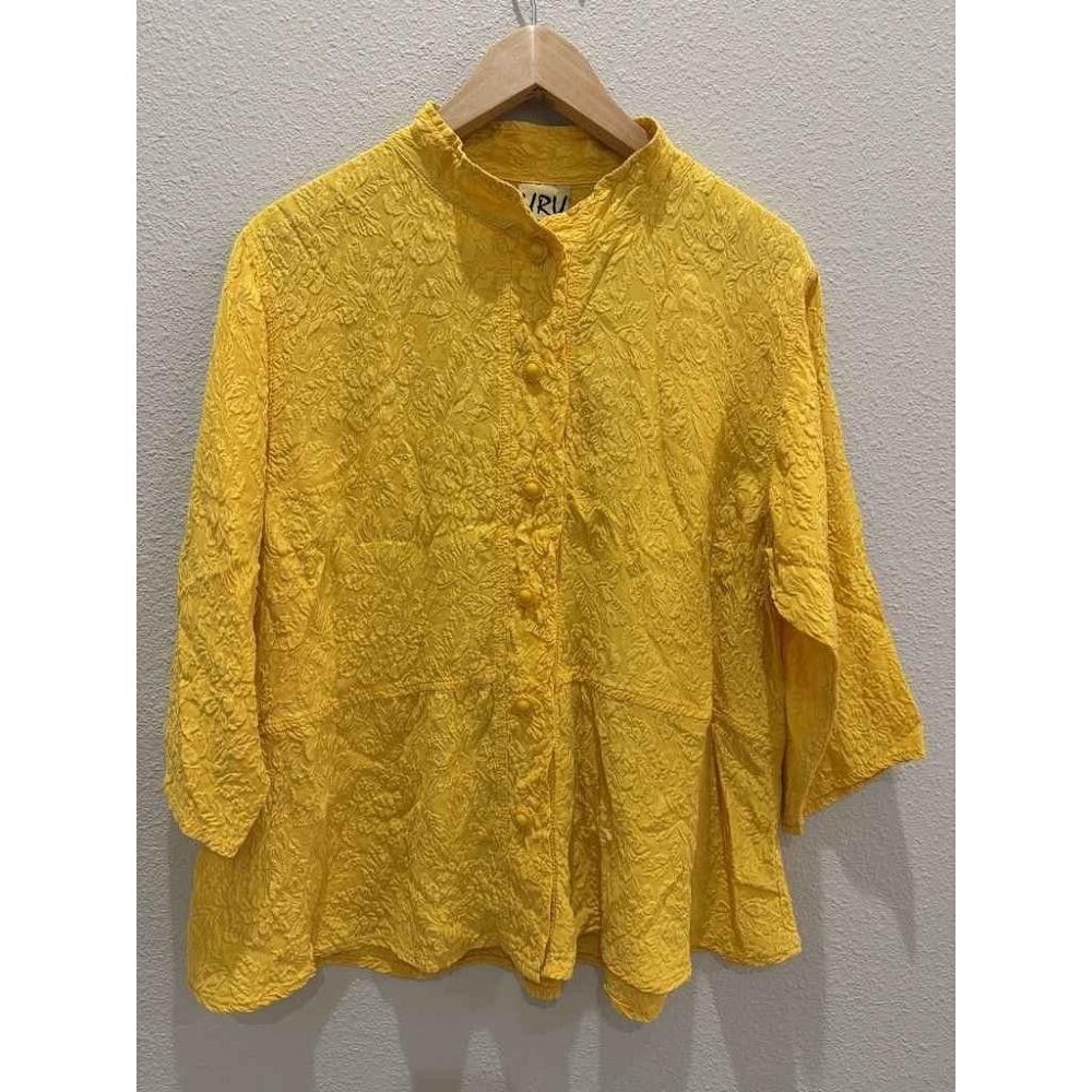 URU Kristine St Rrik 100% Silk Tunic Blouse Jacket Yellow Floral Jacquard OS M L